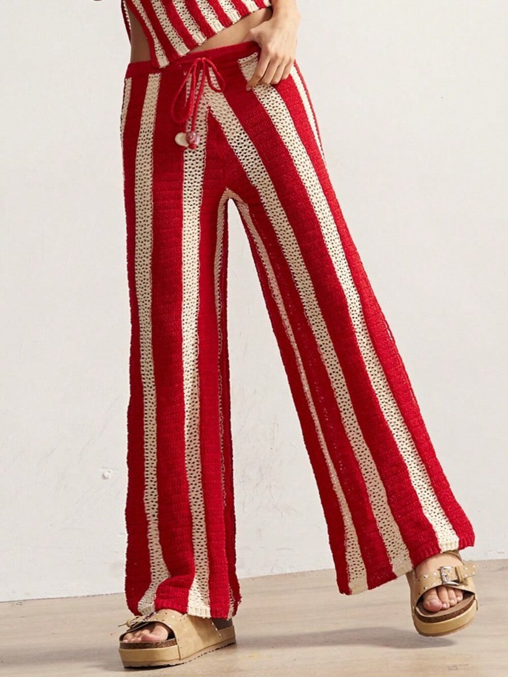 Red Casual Women's Boho Striped Wide Leg Knit Pants - Picture 7 of 8